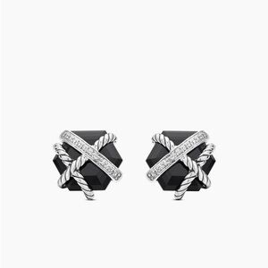 David Yurman Cable Wrap Stud Earrings Sterling Silver Black Onyx Diamonds 11mm